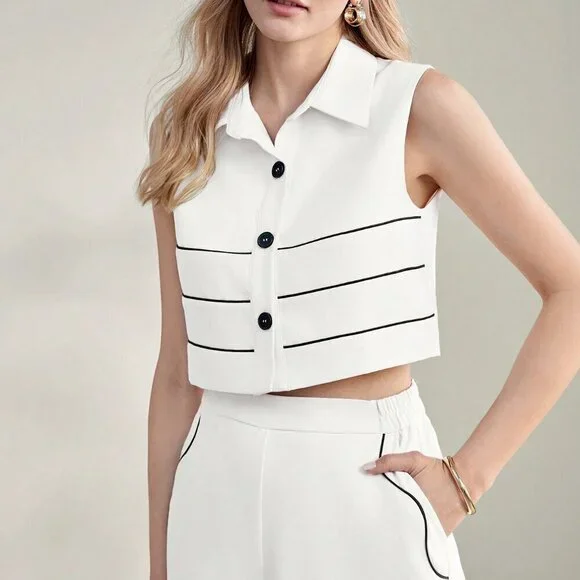 Apricot Casual Women's Striped Button Front Sleeveless Blouse - Picture 6 of 8